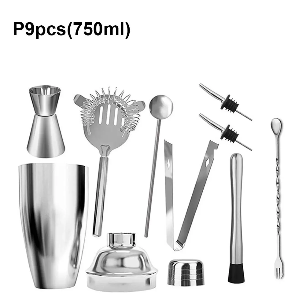 9pcs/set Stainless Steel Cocktail Shaker Mixer Kit Bar Bartender Spoon Pourers straw Ice Tong Tools Set | Дом и сад