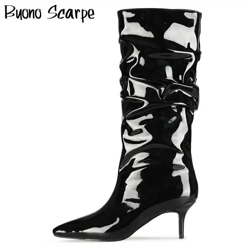 

Pleated Patent Leather Boots Pointed Toe Sexy Ladies Shoes Autumn Winter Knee High Boots High Heel Shoes Botas Mujer Party Heels