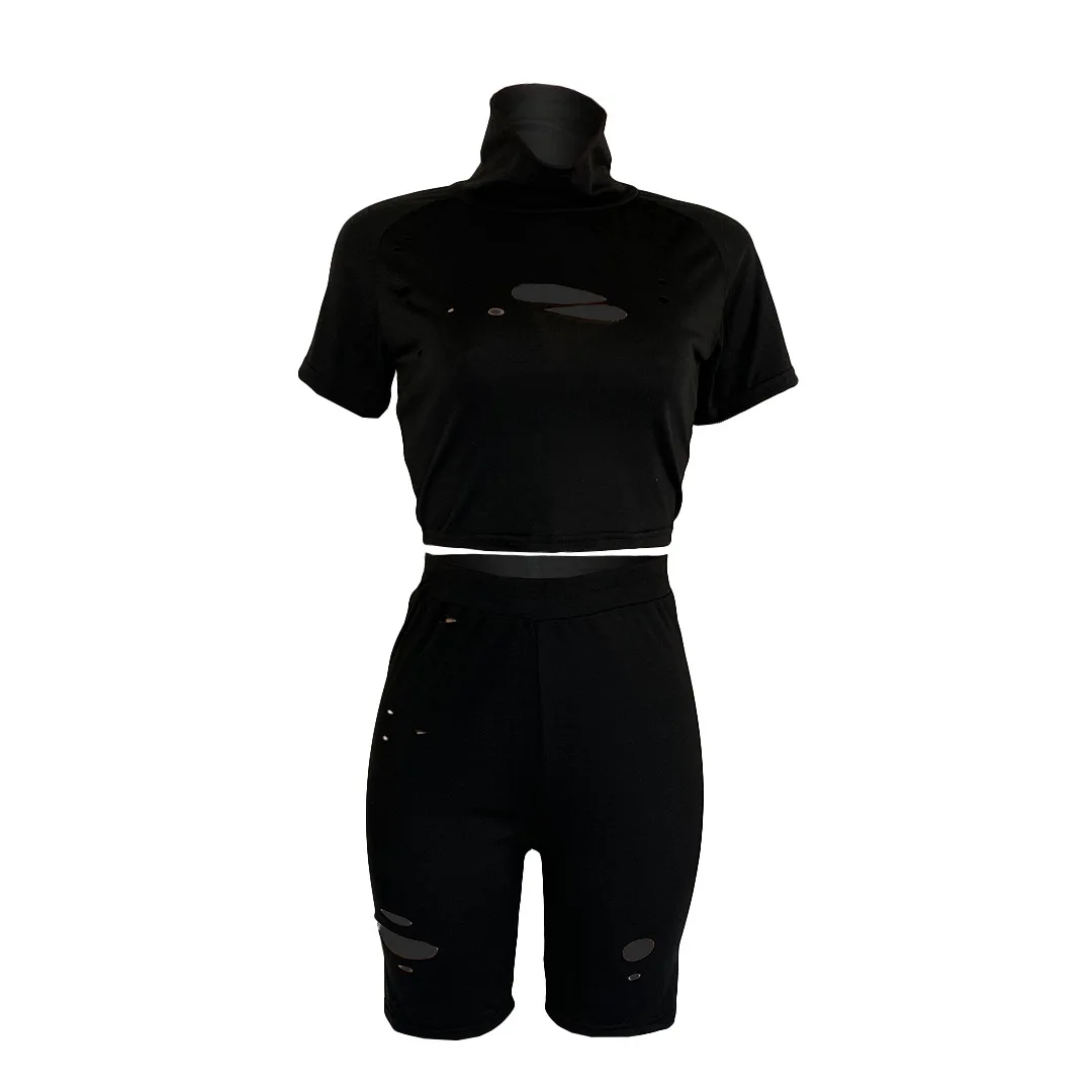

Hollow Out Women 2 Piece Set Sexy Open Young Solid Tracksuit 2021 New Special Short Sleeves Top+ Knee Length Pants Outfits