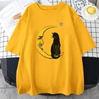 Женская футболка с рисунком лунного лица и черной кошки, летняя модная одежда, футболки в стиле аниме, повседневные женские футболки с коротким рукавом