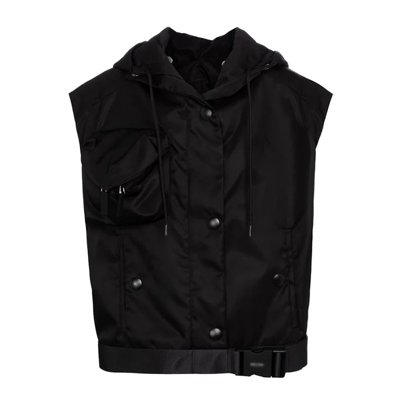 

VGH Black Hooded Patchwork Pocket Asymmetrical Women's Vests Sleeveless Korean Fashion Slim Jackets For Women 2021 Fashion Style