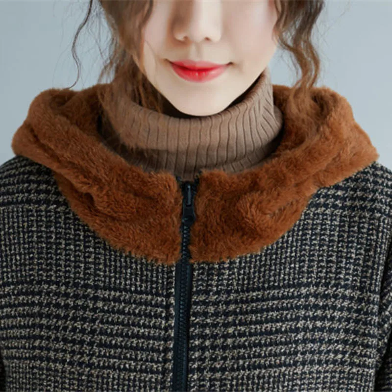 

Winter Long Sleeve Warm Coat Women Plaid Thicken Blends Jacket Casual Plus Size Woolen Velvet Splice Hooded Loose Outwear f1601