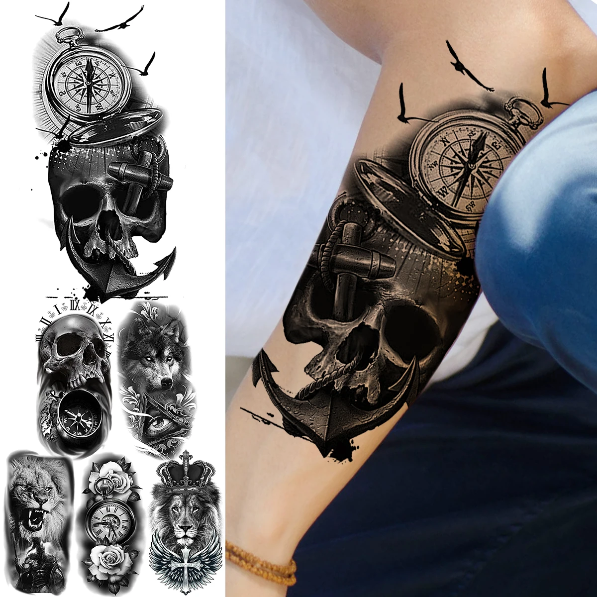 

Черные большие искусственные Временные татуировки для мужчин, женщин, взрослых, волк, Лев, цветок, Реалистичная поддельная Водонепроницаем...