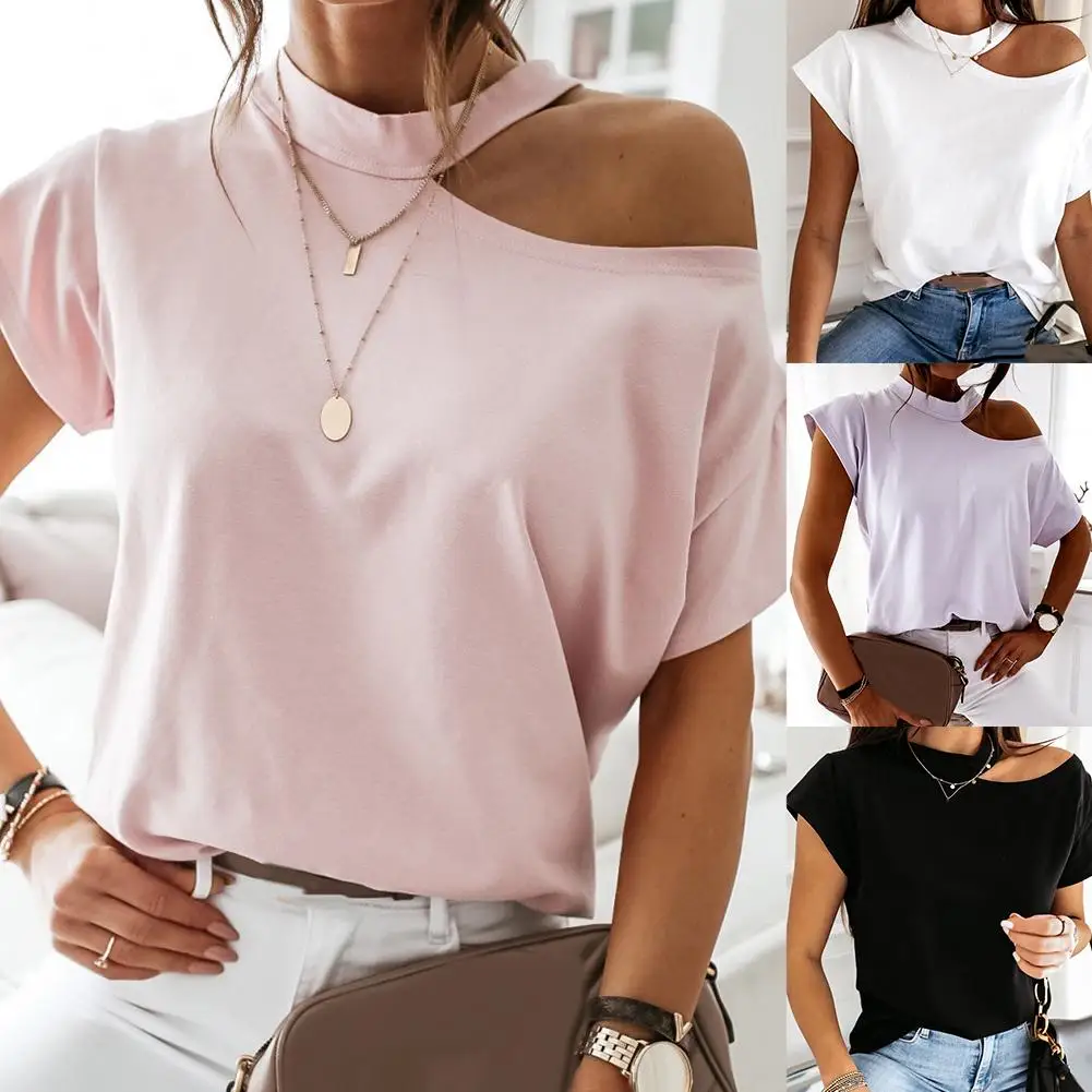 

Sexy Off Shoulder Solid Color Women Shirts 2020 New Summer Short Sleeve Tops Casual Halter Neck Open Back Ladies Blouses