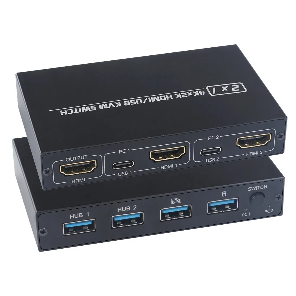 Квм-переключатель 4K, совместимый с HDMI, 2 порта USB для совместного монитора, клавиатуры и мыши, адаптивный EDID / HDCP разъем принтера и Play