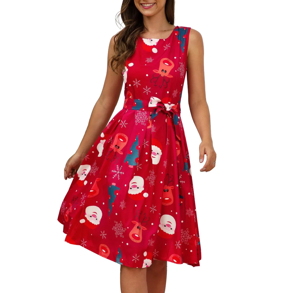 Рождественская Леди Снежинка Санта Клаус печати О образным вырезом без рукавов