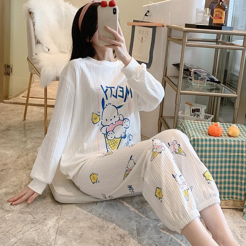 Spring Autumn Pajamas Female White Yellow Chicken Korean style Long Sleeve Fresh and Loose Cotton Clothing Suit Summer May