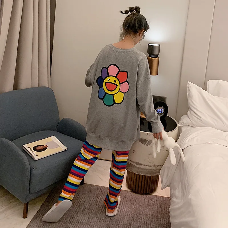 

Pajamas Set Cartoon Printed Long-sleeved Colorful Print O-neck Pajamas + Sleep Pants Feme