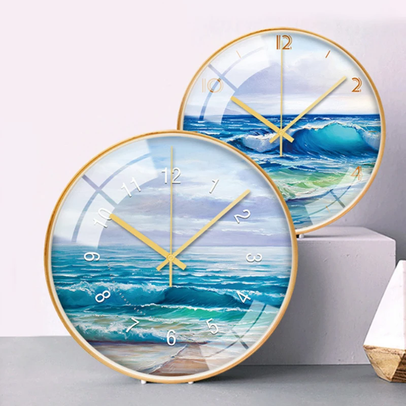 Декоративные настенные часы с синим океаном бесшумные кварцевые круглые