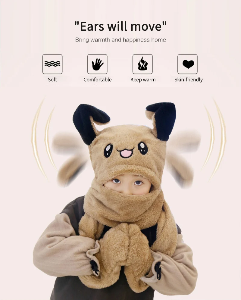 

2021 New Funny Hat Baby Kids Hat Cute Rabbit Ears Plush Ears Can Move Cap Children Winter Warm Party Hat Warm Scarf Hats