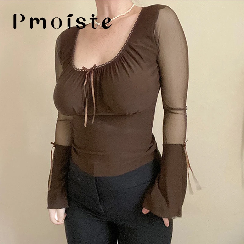 

Flare Full Sleeve Women T Shirt Slim Elegant Transparent Mesh Sexy T-shirts for Women Patchwork Retro Crop Tops High Street Tees