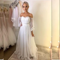 off shoulder wedding dress 2021 lantern long sleeve point net tulle white cheap bridal gowns a line floor length women elegant