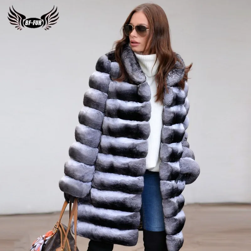 

BFFUR Natural Fur Coats For Women Long Real Rex Rabbit Fur Jackets Stand Collar Chinchilla Color Full Pelt Genuine Fur Coat 2021