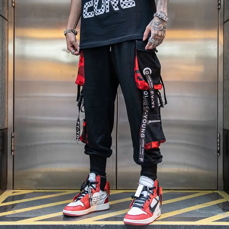 

Men Hip Hop Black Cargo Pants joggers Sweatpants Overalls Men Ribbons Streetwear Harem Pants Women Fashions Trousers