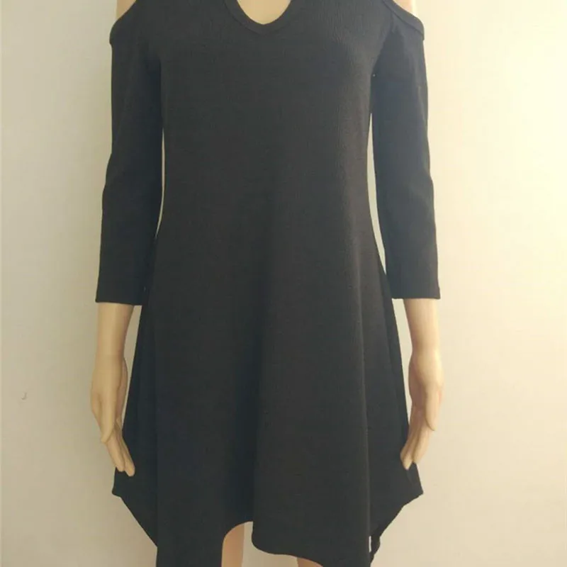 

Off Shoulder Dress Women Three Quarter Sleeve Mini Dress 2021 Autumn Clothing Hollow Out Knitted Shirt Dress Robe Femme