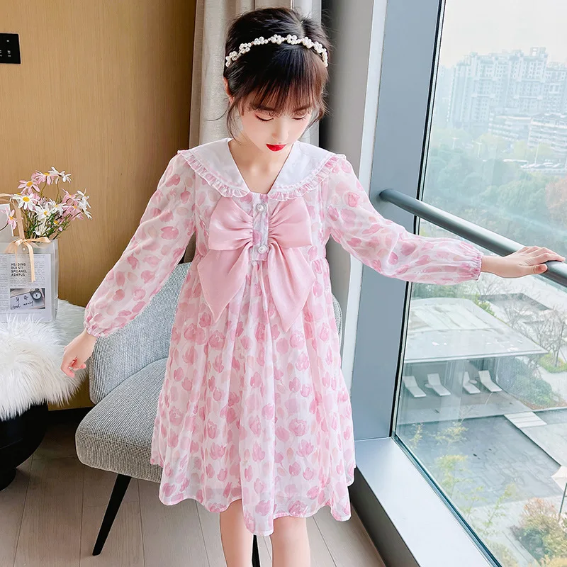 

Floral Print Bow Sweet Ruffle Dress Chiffon Girl Casual Doll Collar Elegant Mesh Dress High Waist Tutu Skirt Fairy Maiden Summer
