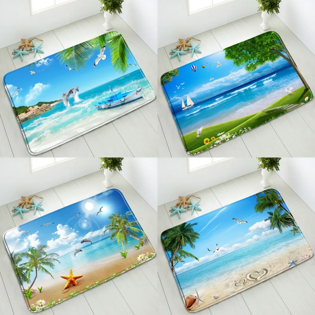 

Ocean Scenery Bathroom Non-Slip Mat Dolphin Seagull Bird Palm Tree Green Plants Boat Bedroom Kitchen Doormat Absorbent Carpet