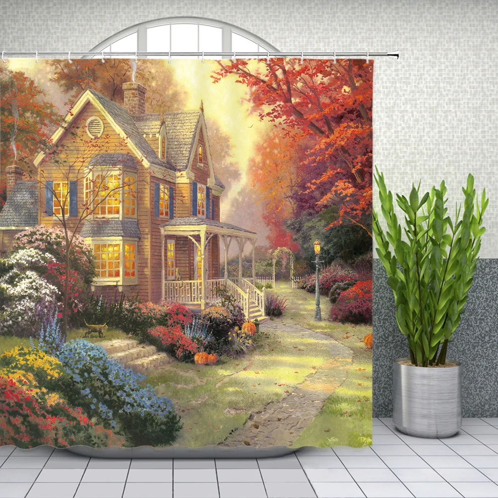 retro oil painting courtyard landscape shower curtains garden house bathroom decor waterproof polyester fabric curtain set free global shipping