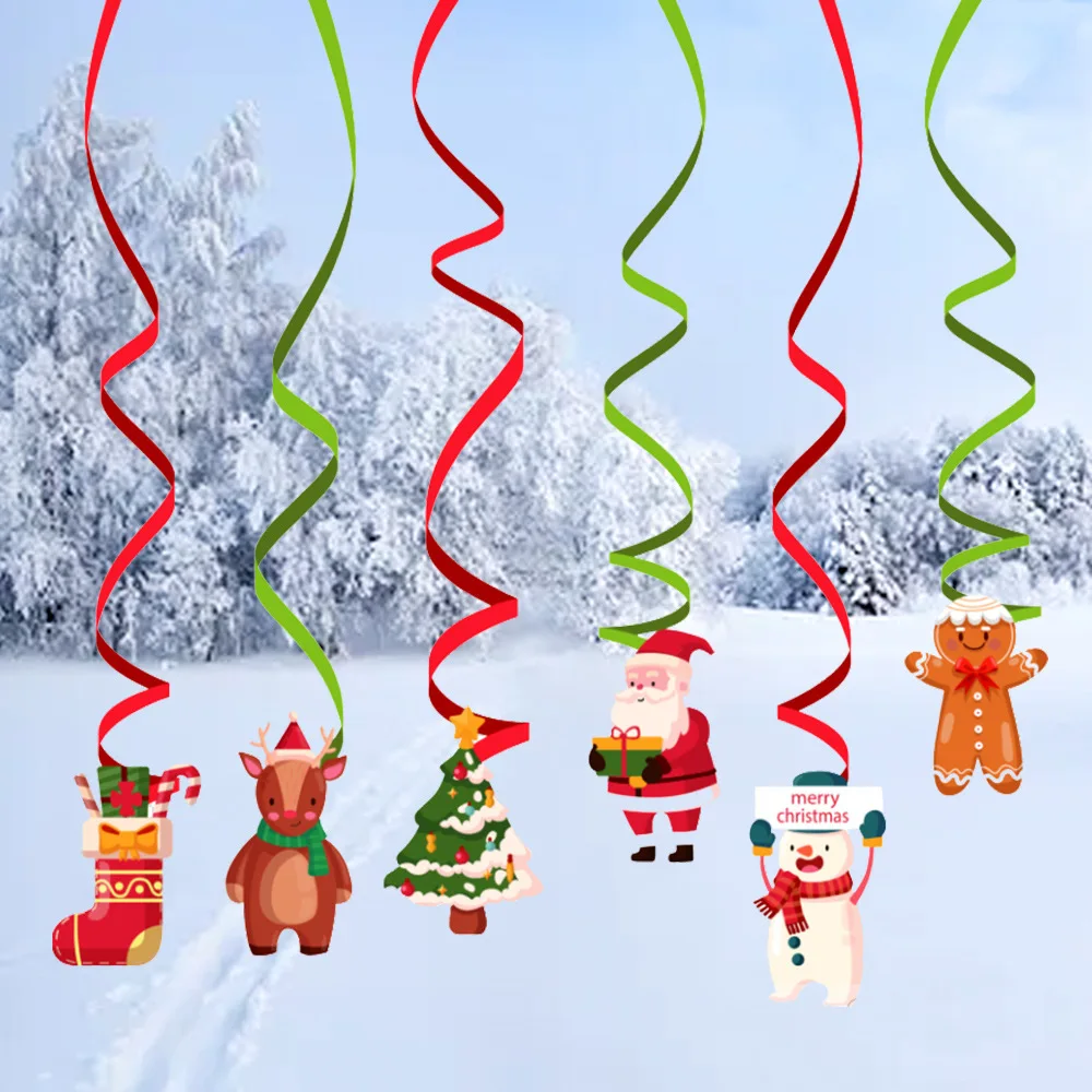 

6PCS Christmas Spiral Pendant Santa Claus Elk Ceiling Cartoon Hanging Decoration Christmas Party Home Living Room Decoration