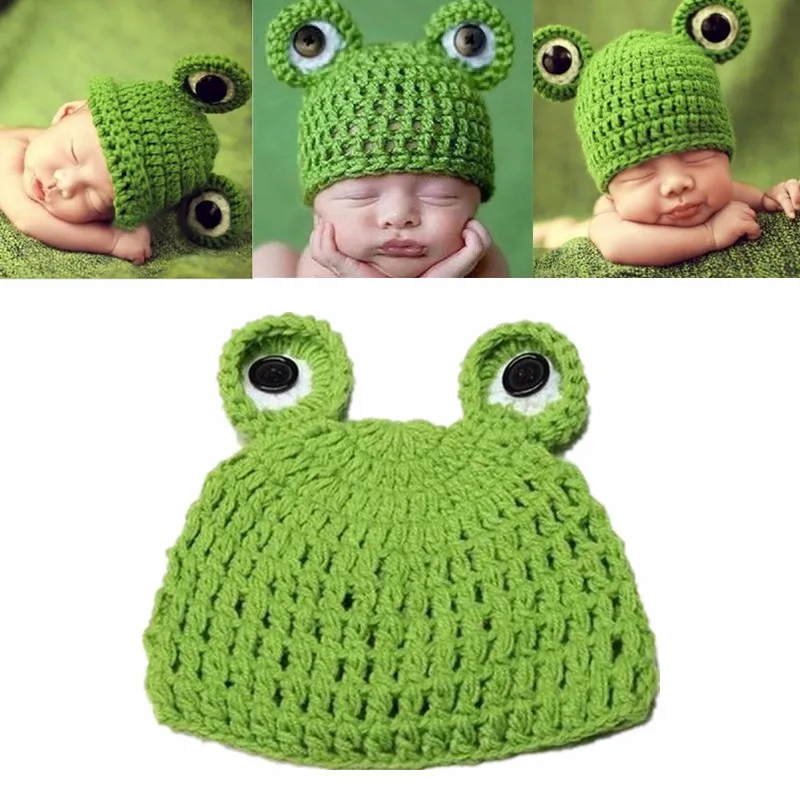 

0-6 Months Newborn Hand Knitted Green Frog Hat Animal Cosplay Photography Accessories For Unisex
