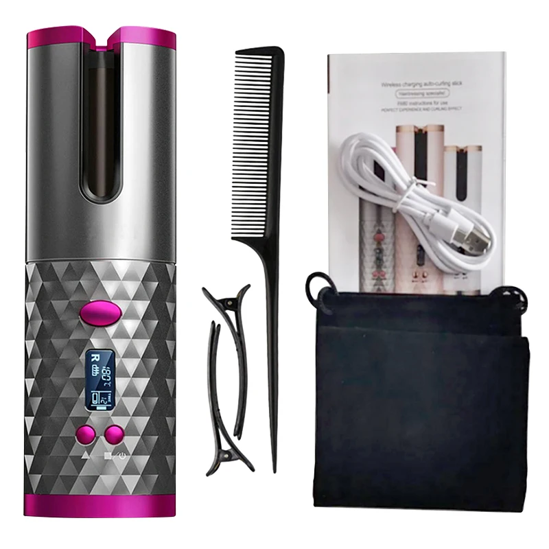 

Portable Wireless Automatic Curling Iron Hair Curler USB Rechargeable for LCD Display Curly Machine with 1 Comb+2pc Clips