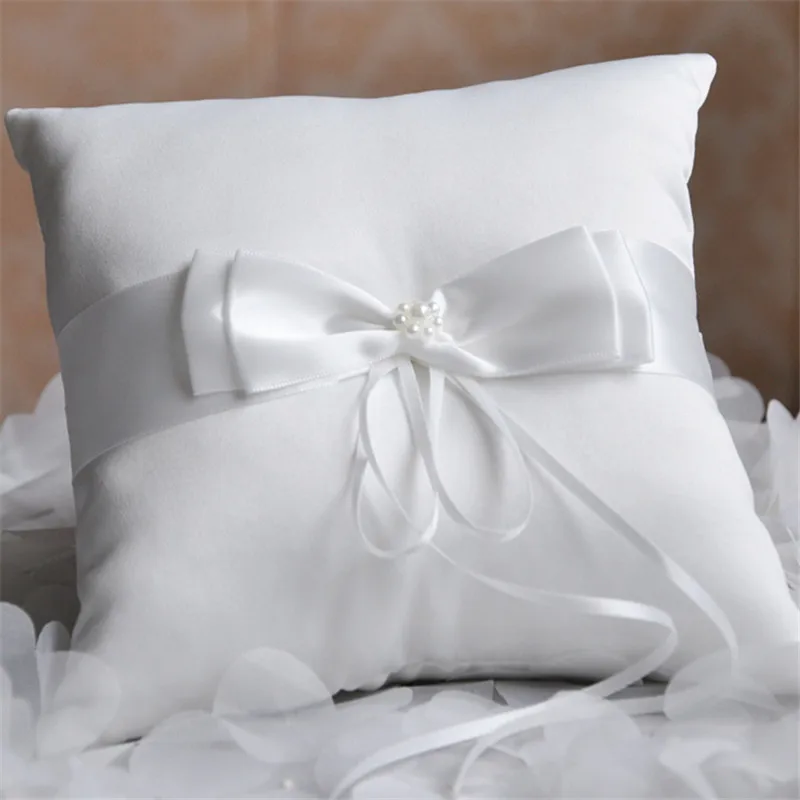 

Bridal Wedding Ceremony Pocket Ring Pillow Cushion Bearer with Ribbons Decoration Double Bow Ribbon Pearls Romantic Ring Pillow