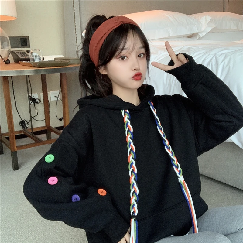 

XZ1129 2021 Loose plus velvet black hooded women autumn and winter Sweatshirts