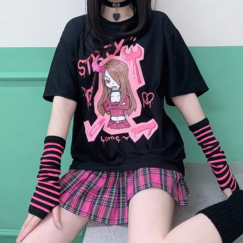 

Хлопковая уличная одежда, Женская футболка ulzzang Harajuku kawaii, Готическая футболка с мультяшным принтом, Летние повседневные женские топы большо...