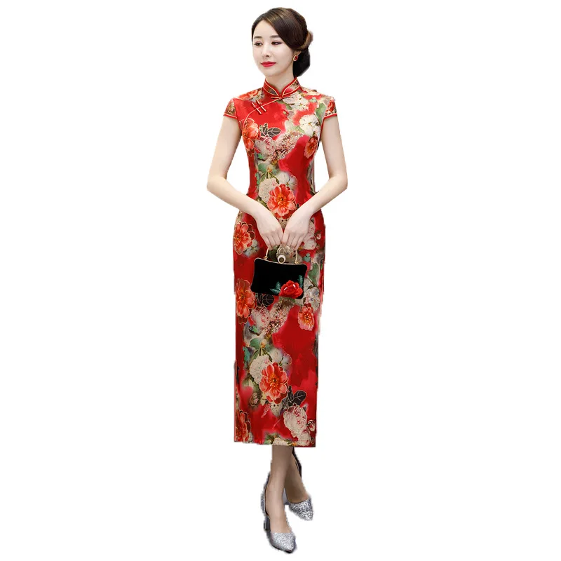 

Red Female Sexy Slim Long Cheongsam Sweet Flower Print Short Sleeve Qipao Summer Elegant Mandarin Collar Classic Chinese Dress