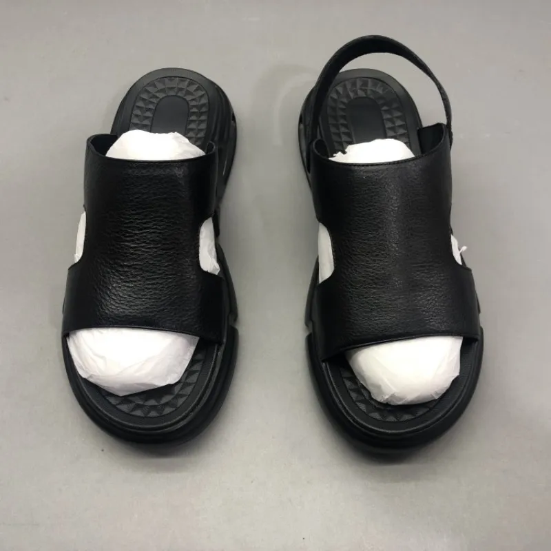 Черные мужские пляжные сандалии Летние удобные шлепанцы из натуральной кожи