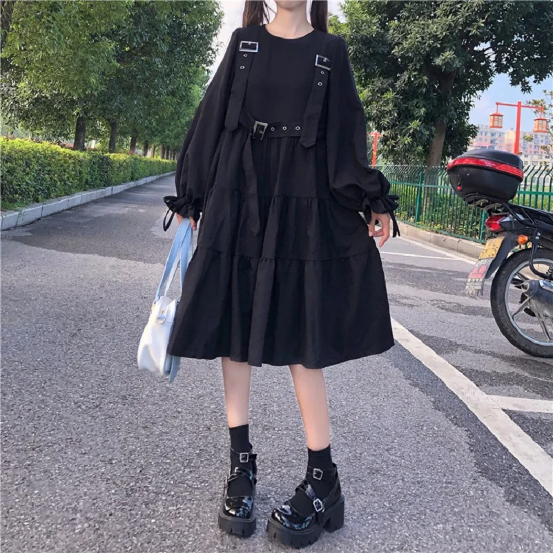 

Japanese Harajuku Women Black Midi Dress Gothic Punk Style Suspenders Bandage Dress Vintage Ruffles Long Baggy Cosplay Costume