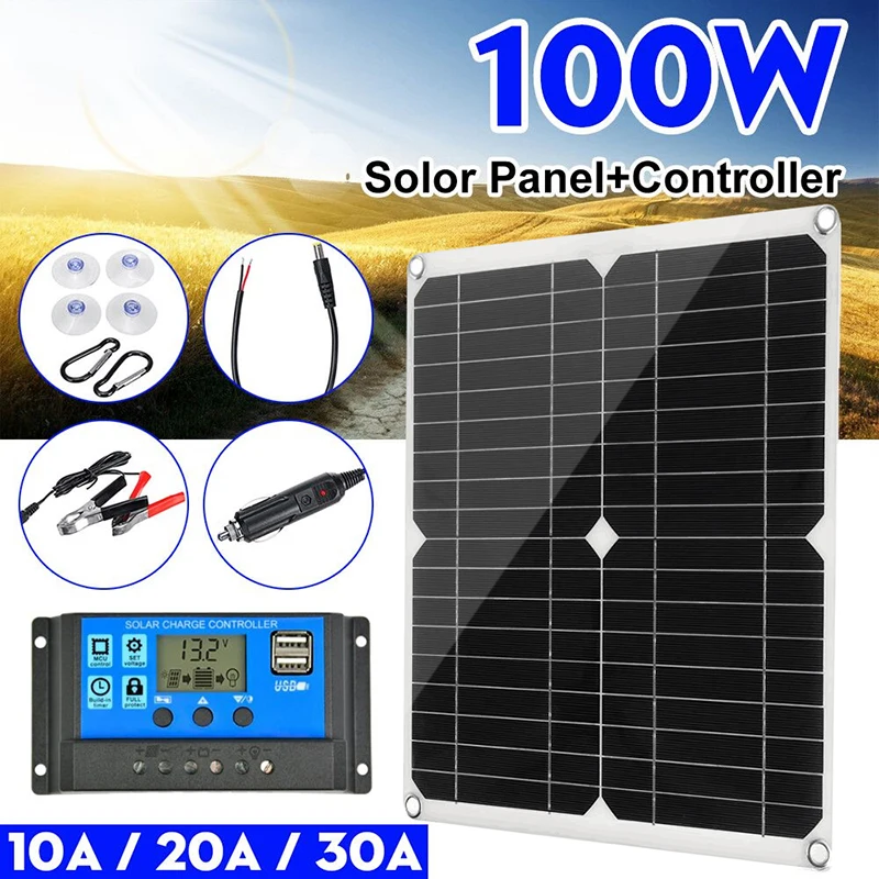 

100w Solar Panel Dual 12v/5v USB With 30A Controller Waterproof Solar Cells Poly Solar Cells for Car Yacht RV Battery Charger