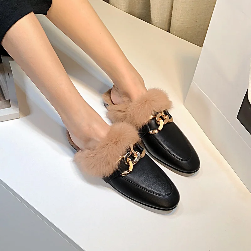 MNIXUAN/Удобная зимняя обувь на плоской подошве мюли с мехом новинка 2019 кожаные