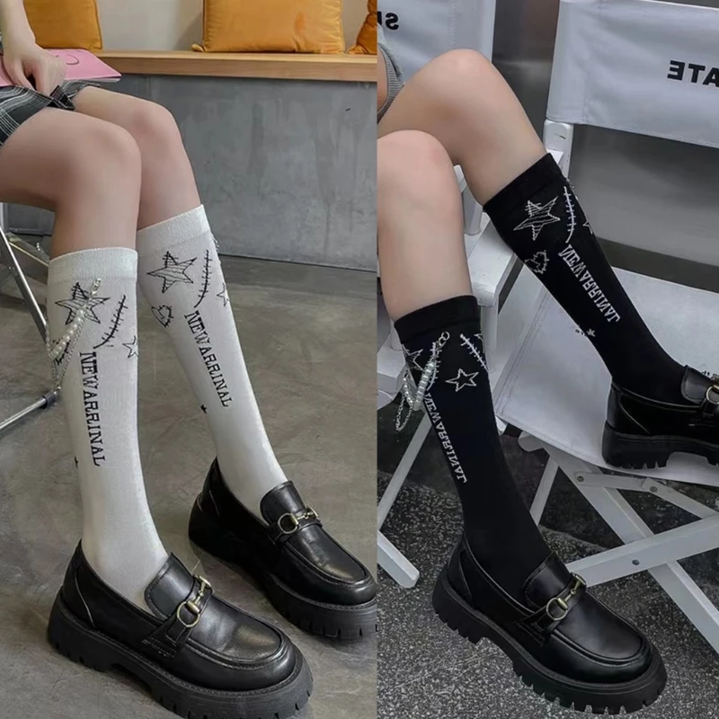 

MXMA Women Gothic Black White Calf Socks Letters Print Pearl Chain Lolita Stockings