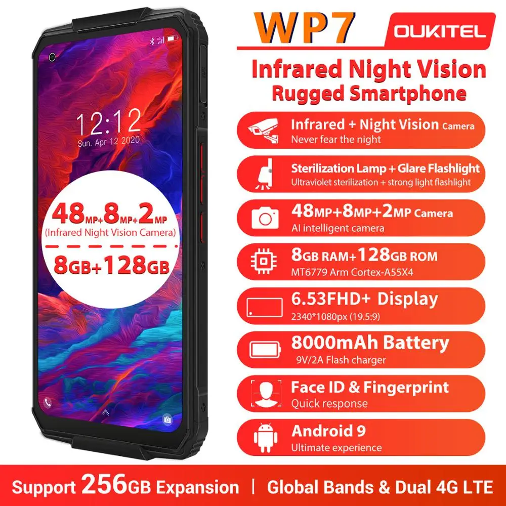 OUKITEL WP7 Ip68 прочный Водонепроницаемый смартфон 9В/2A 8000 мА/ч 48MP тройной Камера 8 ГБ 128