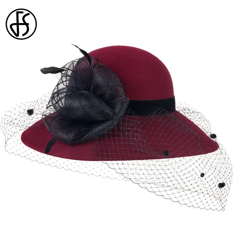 Женская фетровая шляпа FS шерстяная с вуалью черного цвета для вечеринок на
