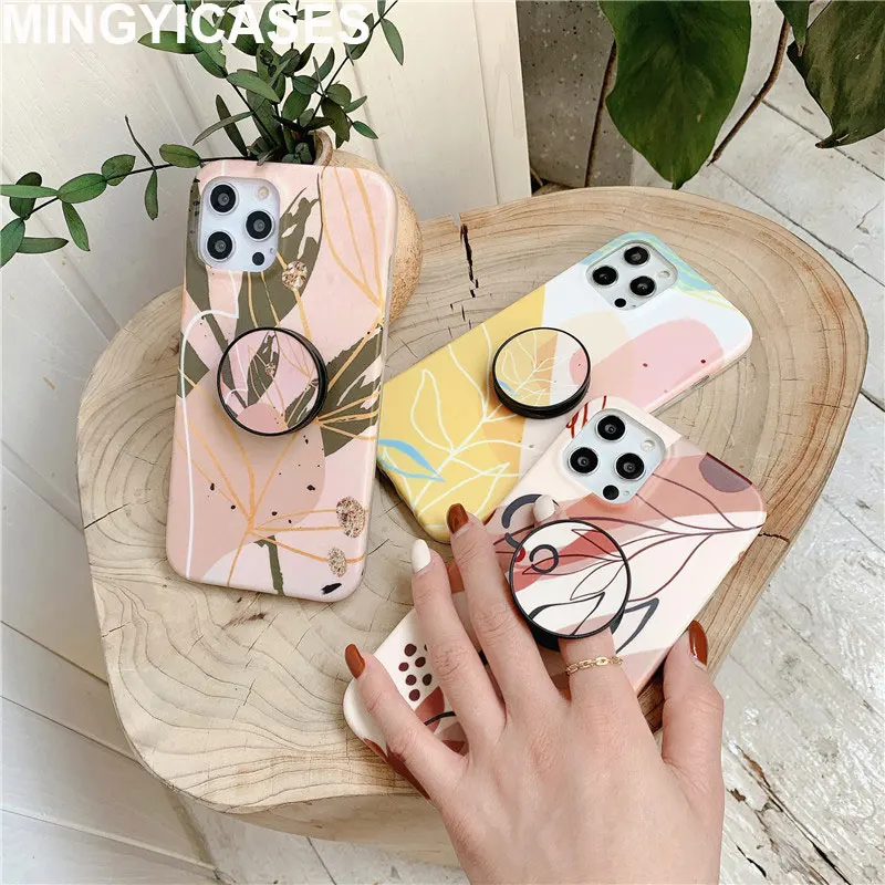 

Чехол IMD с рисунком листьев для Iphone 12, 11 Pro Max Mini, мягкий чехол из ТПУ для iPhone 7, 8 Plus, Xr, Xs Max, X, чехол с кронштейном
