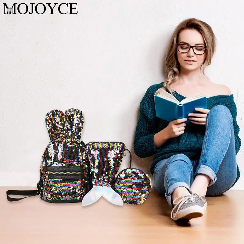 New Fashion Mini Shining Sequins School Backpack Women Rabbit Ears Rucksack Cartoon Label Purse Zipper Shoulder with Small Bag