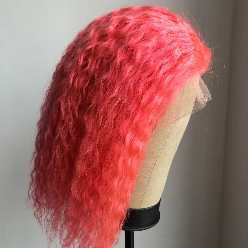 Pink 613 блонд короткие тупым вырезом Боб кружева спереди цветные человеческие волосы парики Кудрявые Remy невидимая прозрачная HD парик имбирь красный розовый синий - Цвет: Pink
