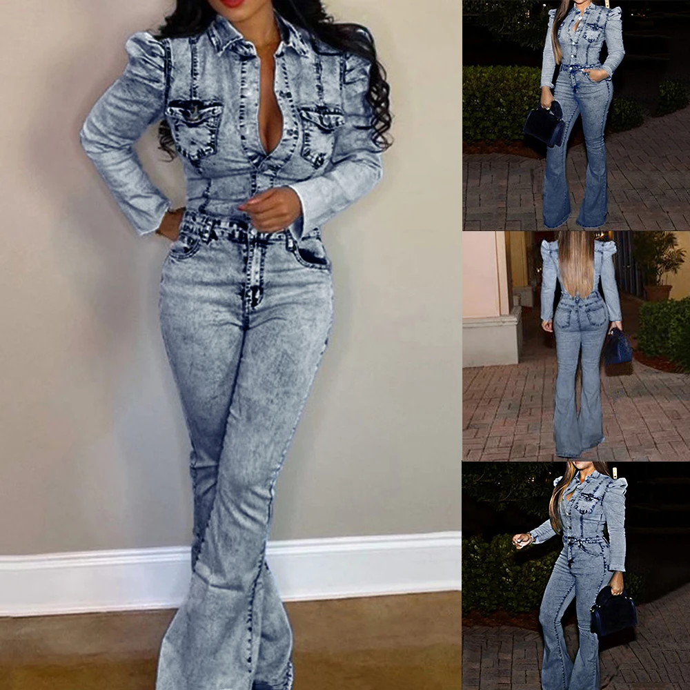 Женский джинсовый комбинезон CALOFE повседневный Облегающий с длинным рукавом