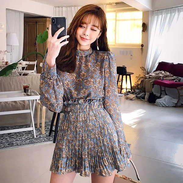 Женский комплект с цветочным принтом две детали осень 2019 шифоновая блузка