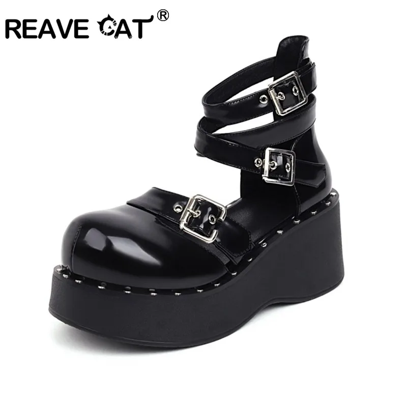 

Женские туфли в готическом стиле REAVE CAT, удобные черные туфли на платформе и массивном каблуке с пряжкой для косплея в стиле Лолиты и панк