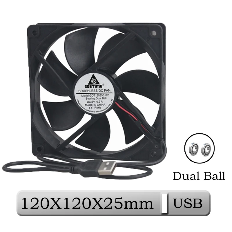 1 шт. Gdstime 5 в 120x120x25 мм 120 мм двойной шарикоподшипник PC DC Бесщеточный Охлаждающий вентилятор 12025S 12 см ЦП USB разъем чехол кулер