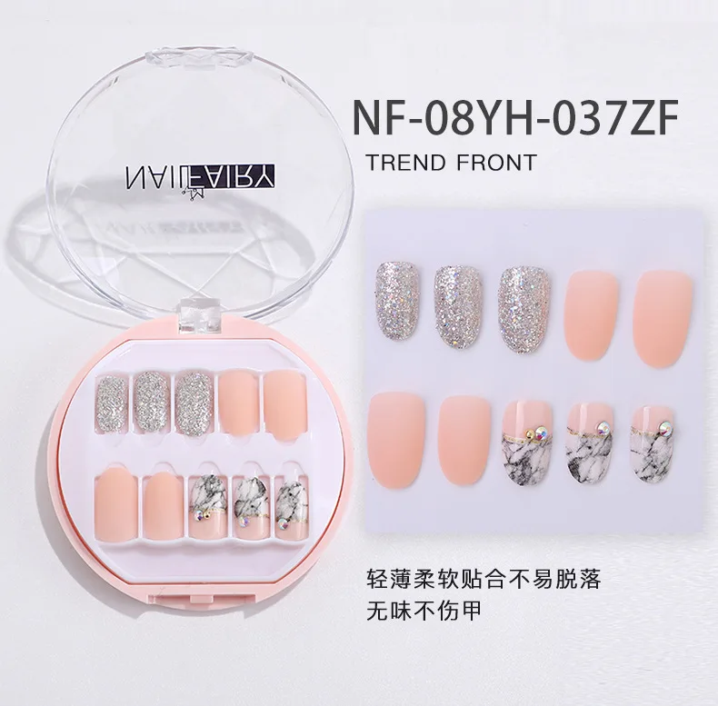 

30Pcs / Set Wearable False Nails Patch with Drill Fake Nail Stickers Waterproof Removable Nail Art Patch