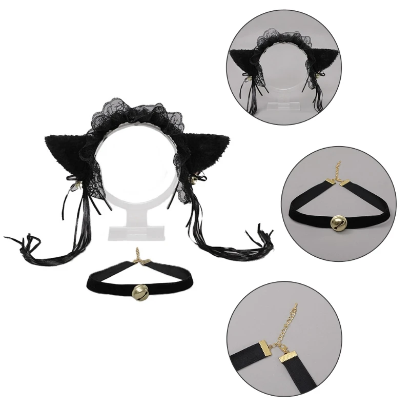 

Cat Ears Headband Lace Furry Cute Cat Ears with Bow Bell Choker Fluffy Headwear Kitten Necklace for Party Halloween
