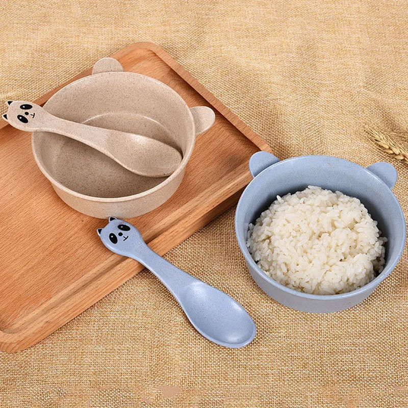 

Baby Feeding Food Tableware Cartoon Panda Kids Dishes Wheat Straw Baby Eating Dinnerware Set Anti-hot Baby Training Bowl Spoon