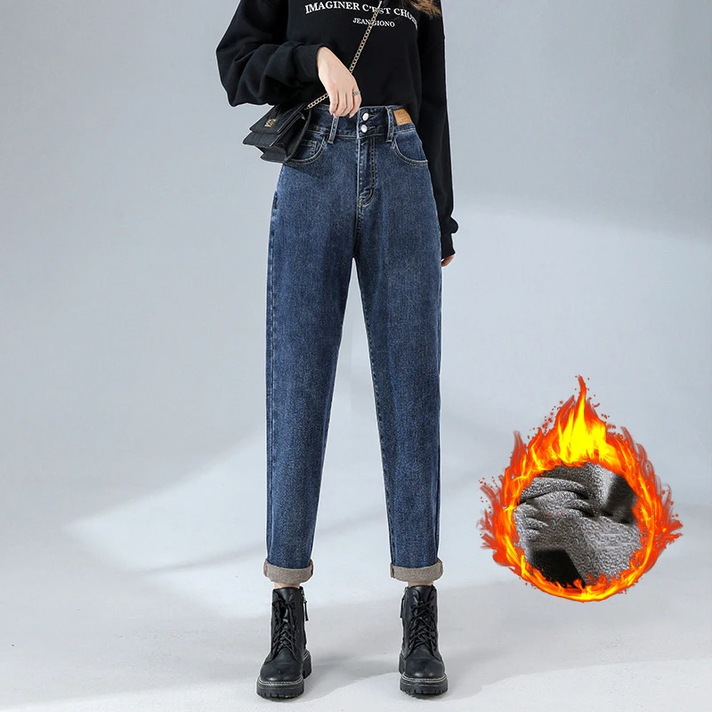 

N520 Winter Women Fleece Thicken Jeans High Waist Keep Warm Stretch Fashion Urban Casual Elegant All-Match Classical Denim Pants