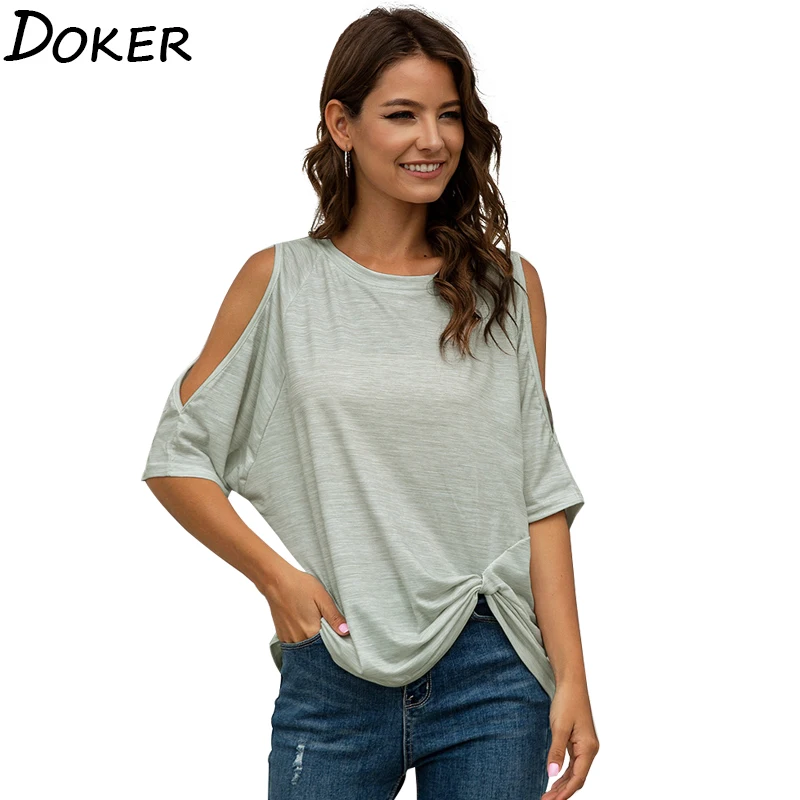 Винтажная Элегантная футболка женская летняя с открытыми плечами топы круглым