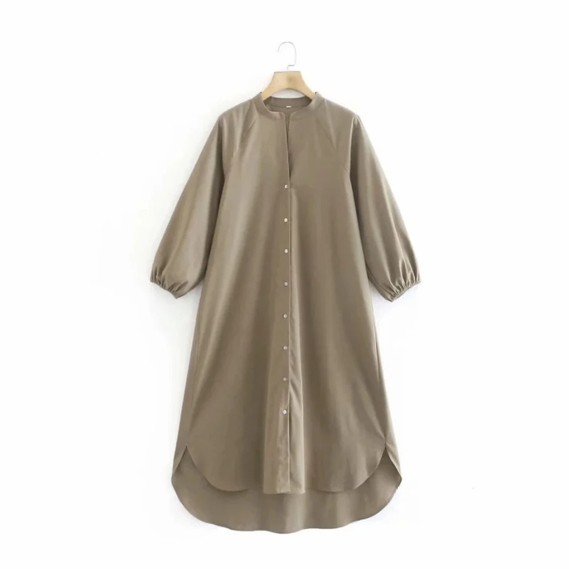 

Hot Sale Women Stand Collar Single Breasted Simple Shirt Dress Female Lantern Sleeve Clothes Casual Lady Loose Vestido D8315