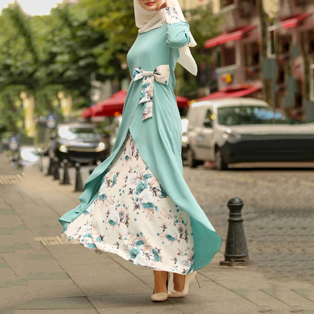 Мусульманское вечернее Макси женское платье с цветочным бантом длинным рукавом